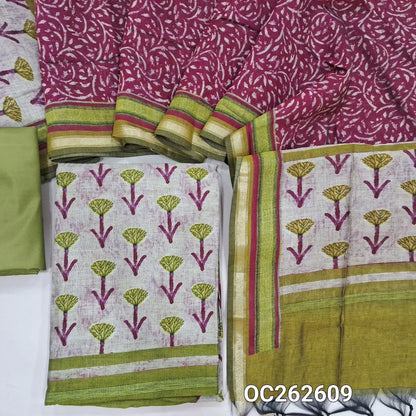 Light beige viscous maheshwari unstitched salwar material,printed all over,(Lining Needed)green silky bottom,printed full length viscous maheshwari dupatta with pallu. OC262609