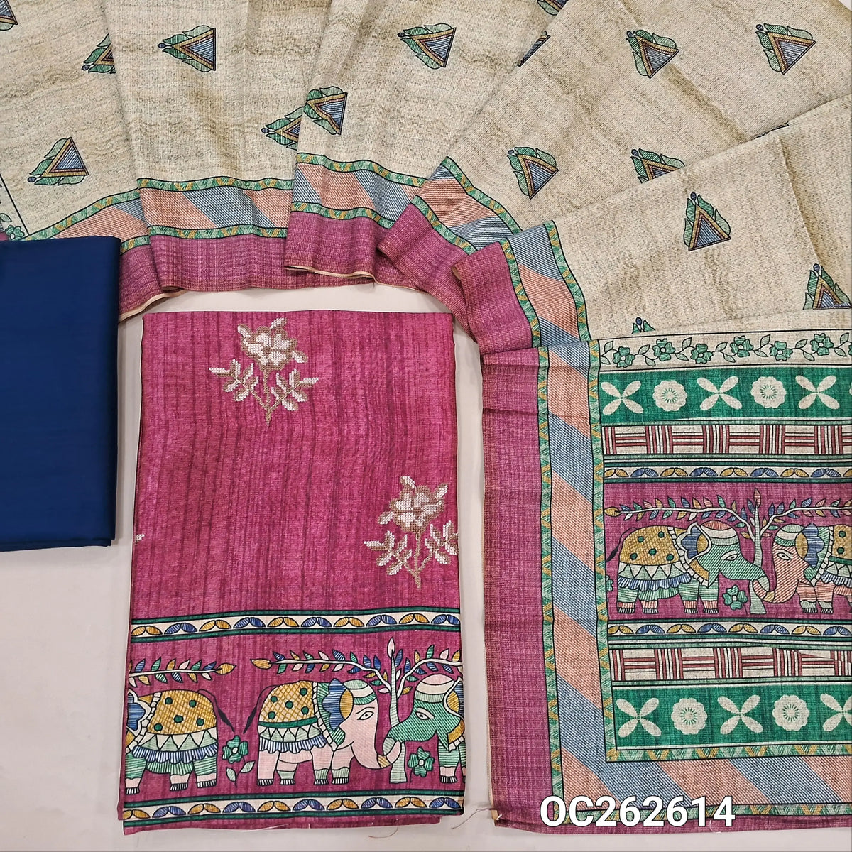 Dark pink semi tussar unstitched salwar material,cross stitch work on front,madhubani printed daman,(lining needed)blue spun cotton bottom,digital printed semi tussar dupatta with elephant printed pallu. OC262614