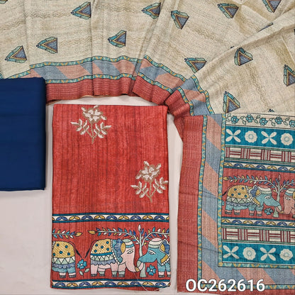 Brick red semi tussar unstitched salwar material,cross stitch work on front,madhubani printed daman,(lining needed)blue spun cotton bottom,digital printed semi tussar dupatta with elephant printed pallu. OC262616
