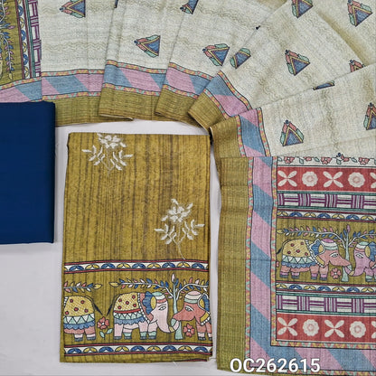 Mehandhi green semi tussar unstitched salwar material,cross stitch work on front,madhubani printed daman,(lining needed)blue spun cotton bottom,digital printed semi tussar dupatta with elephant printed pallu. OC262615