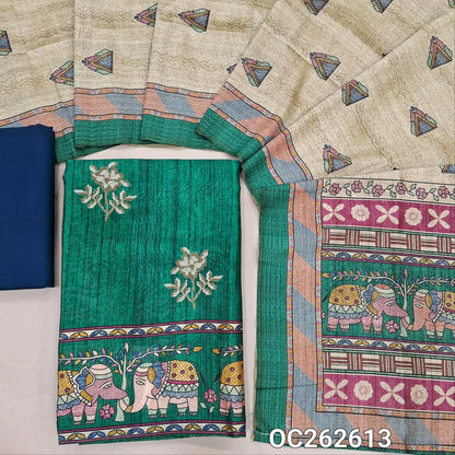 Bottle green semi tussar unstitched salwar material,cross stitch work on front,madhubani printed daman,(lining needed)blue spun cotton bottom,digital printed semi tussar dupatta with elephant printed pallu. OC262613