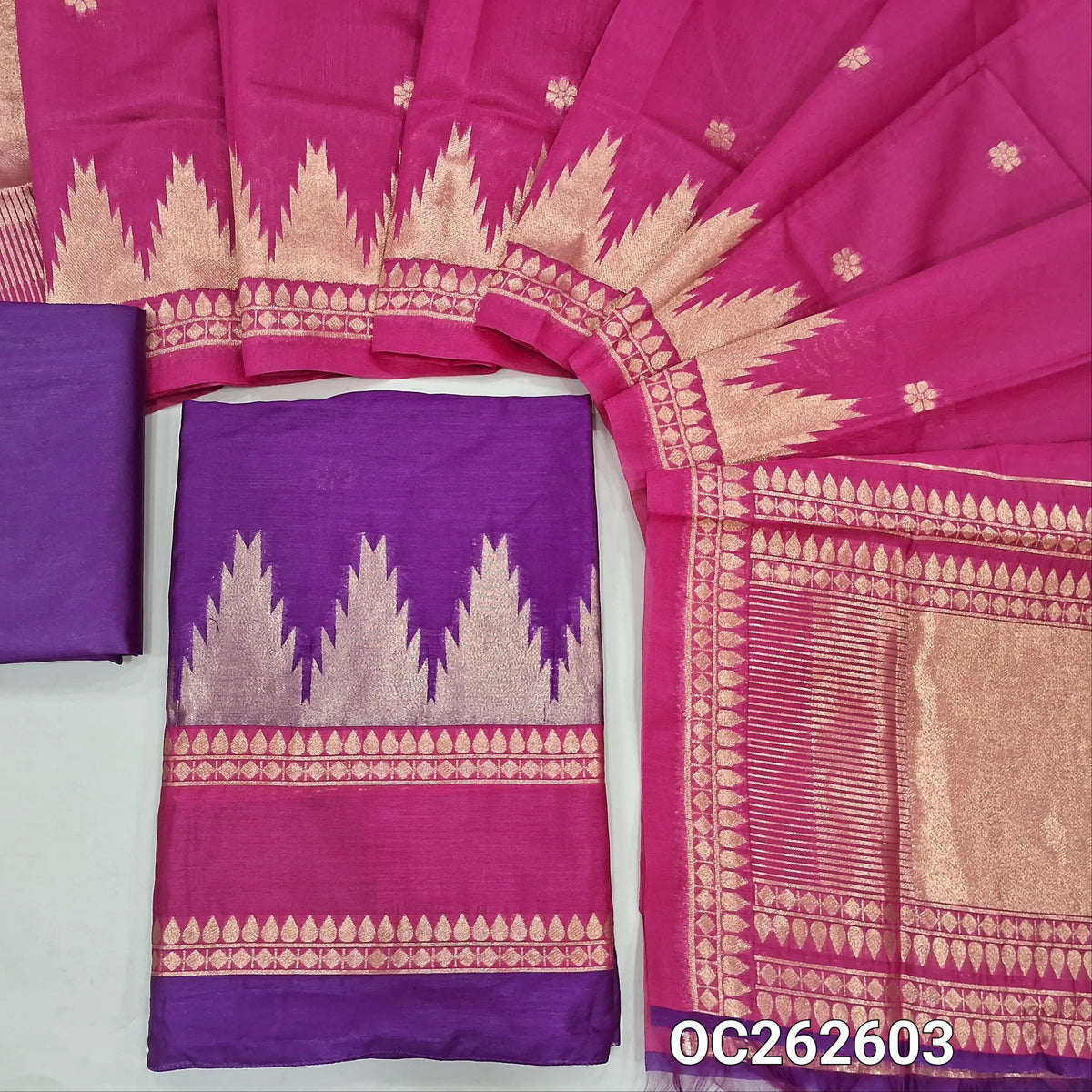 Purple and pink benarasi silk cotton unstitched salwar material, temple gap bordered on daman (Thin, Lining Needed) santoon bottom, benarasi silk cotton dupatta. OC262603