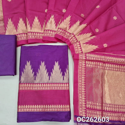 Purple and pink benarasi silk cotton unstitched salwar material, temple gap bordered on daman (Thin, Lining Needed) santoon bottom, benarasi silk cotton dupatta. OC262603