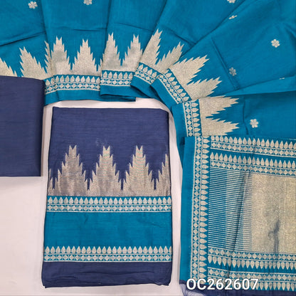 Dark blue and turquoise blue benarasi silk cotton unstitched salwar material, temple gap bordered on daman (Thin, Lining Needed) santoon bottom, benarasi silk cotton dupatta. OC262607