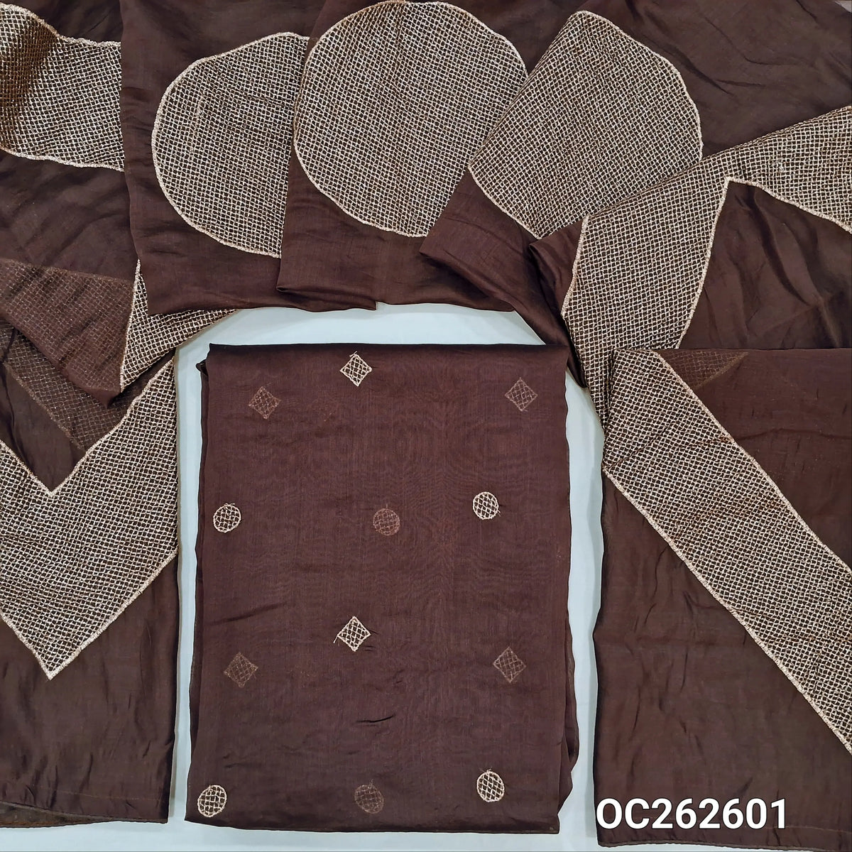 Brown designer pure mul chanderi unstitched salwar material, zari embroidery all over (Thin, Lining Needed) NO BOTTOM, Pure mul chanderi designer dupatta with heavy embroidery work. OC262601