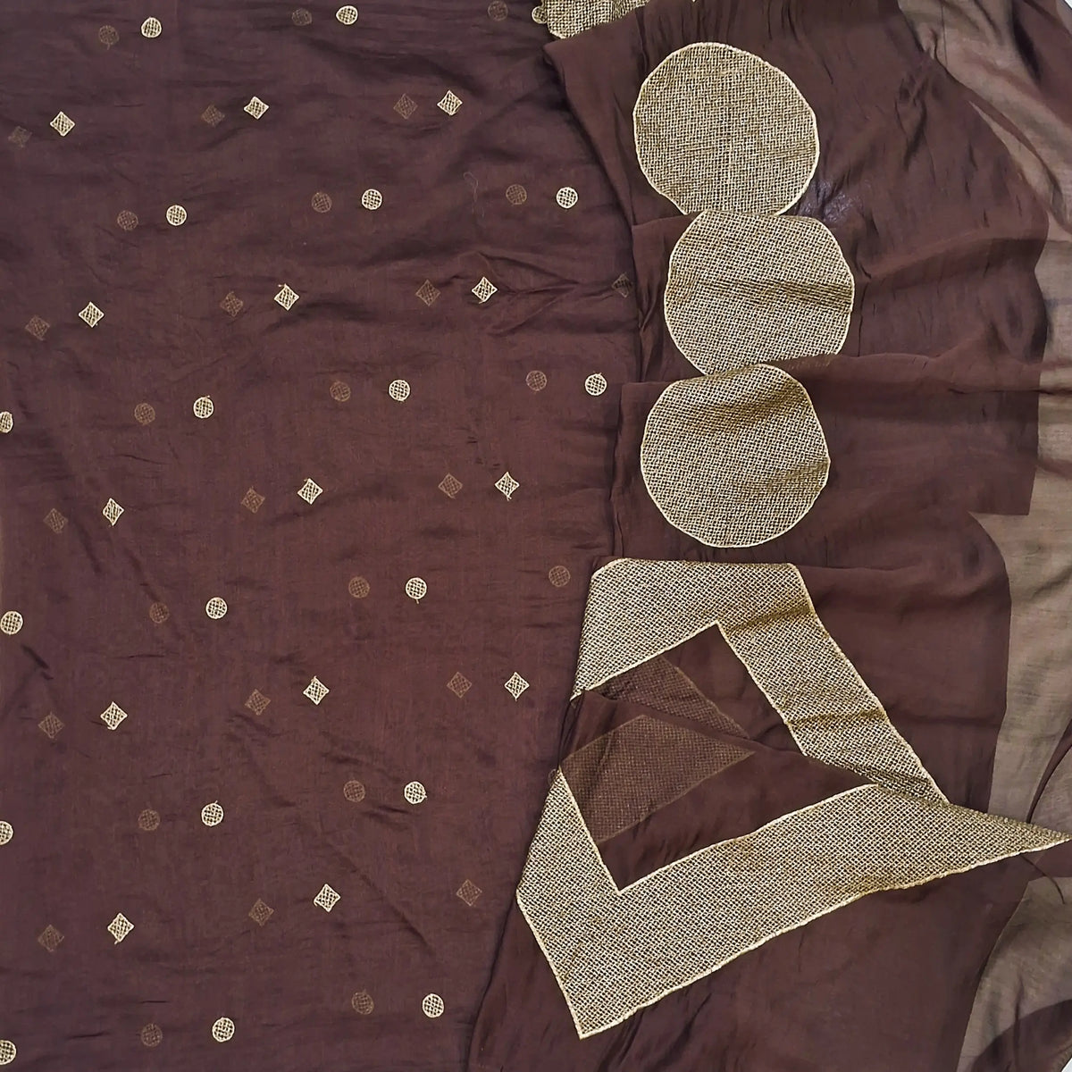Brown designer pure mul chanderi unstitched salwar material, zari embroidery all over (Thin, Lining Needed) NO BOTTOM, Pure mul chanderi designer dupatta with heavy embroidery work. OC262601