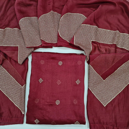 Reddish Maroon designer pure mul chanderi unstitched salwar material, zari embroidery all over (Thin, Lining Needed) NO BOTTOM, Pure mul chanderi designer dupatta with heavy embroidery work. OC262602
