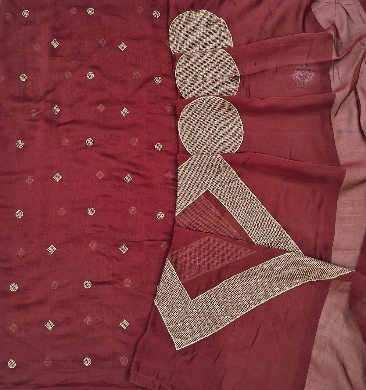 Reddish Maroon designer pure mul chanderi unstitched salwar material, zari embroidery all over (Thin, Lining Needed) NO BOTTOM, Pure mul chanderi designer dupatta with heavy embroidery work. OC262602