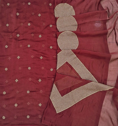 Reddish Maroon designer pure mul chanderi unstitched salwar material, zari embroidery all over (Thin, Lining Needed) NO BOTTOM, Pure mul chanderi designer dupatta with heavy embroidery work. OC262602
