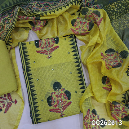 Mehandhi yellow and dark green premium kota handblock printed unstitched salwar material, faux mirror on panel (Thin,Lightweight, Lining Needed) matching spun cotton bottom, dual shaded hand block printed kota dupatta. OC262710