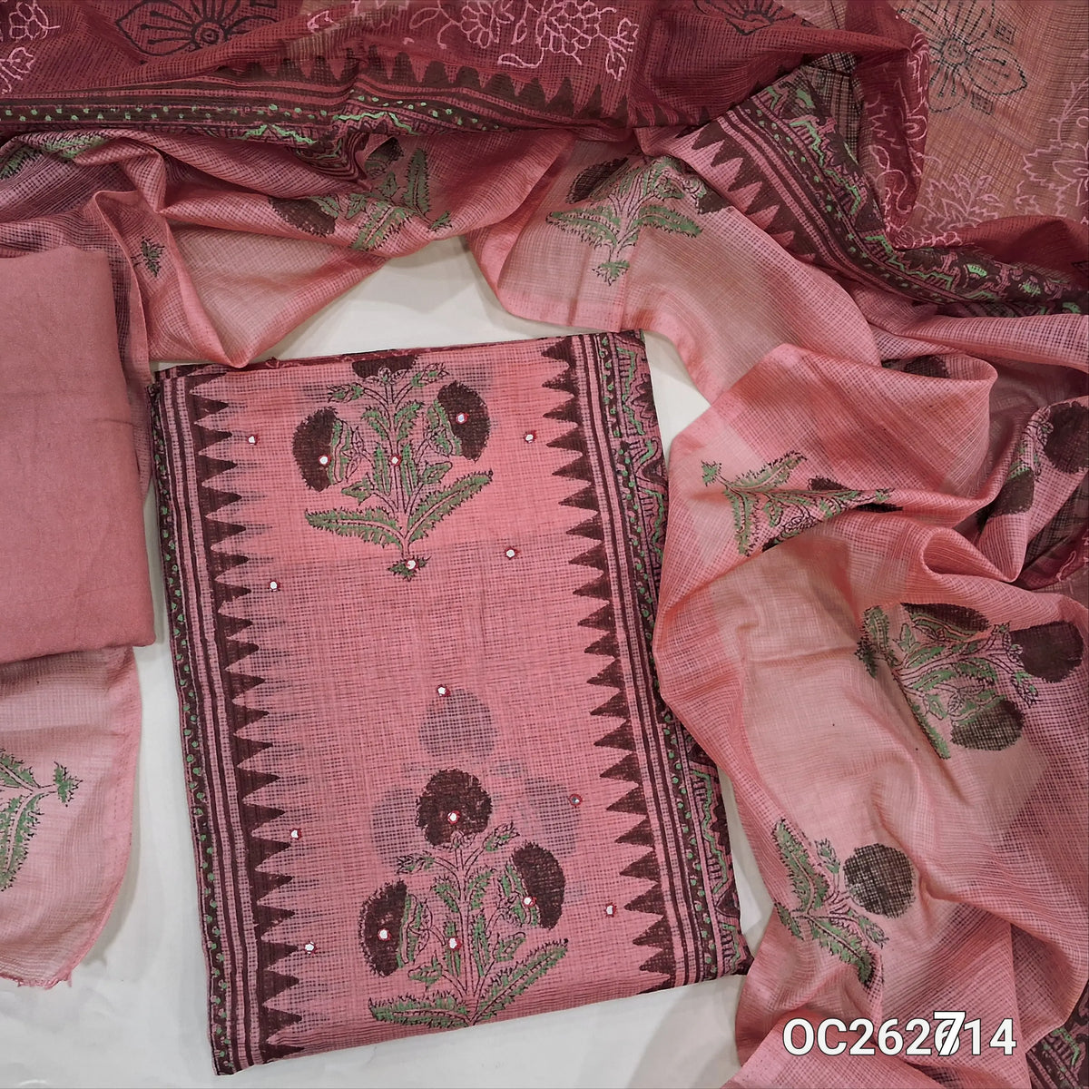 Pink and maroon premium kota handblock printed unstitched salwar material, faux mirror on panel (Thin,Lightweight, Lining Needed) matching spun cotton bottom, dual shaded hand block printed kota dupatta. OC262711