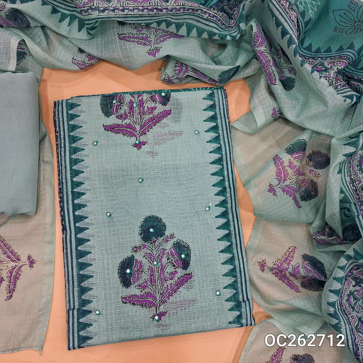 Pastel blue and teal blue premium kota handblock printed unstitched salwar material, faux mirror on panel (Thin,Lightweight, Lining Needed) matching spun cotton bottom, dual shaded hand block printed kota dupatta. OC262712