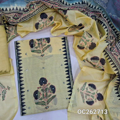 Beige and black premium kota handblock printed unstitched salwar material, faux mirror on panel (Thin,Lightweight, Lining Needed) matching spun cotton bottom, dual shaded hand block printed kota dupatta. OC262713