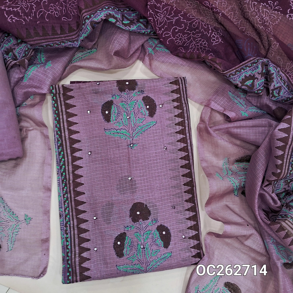 Mauve and purple premium kota handblock printed unstitched salwar material, faux mirror on panel (Thin,Lightweight, Lining Needed) matching spun cotton bottom, dual shaded hand block printed kota dupatta. OC262714