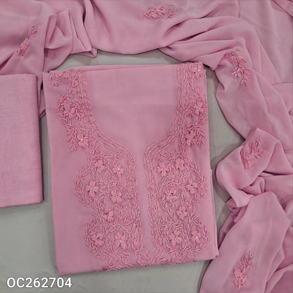 Pastel pink premium georgette unstitched salwar material, chikankari hand embroidery on yoke, sequins work (Thin, Soft, Lining Needed) matching santoon bottom, georgette dupatta with hand embroidery. OC262704