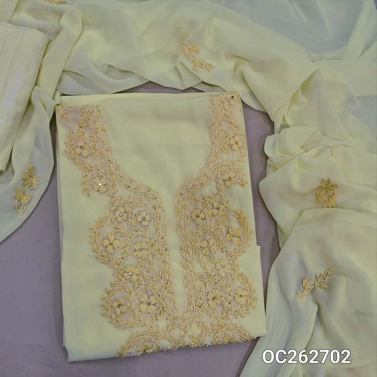 Pastel yellow premium georgette unstitched salwar material, chikankari hand embroidery on yoke, sequins work (Thin, Soft, Lining Needed) matching santoon bottom, georgette dupatta with hand embroidery. OC262702