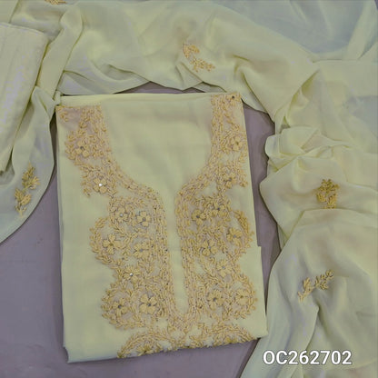 Pastel yellow premium georgette unstitched salwar material, chikankari hand embroidery on yoke, sequins work (Thin, Soft, Lining Needed) matching santoon bottom, georgette dupatta with hand embroidery. OC262702