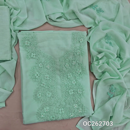 Sea green premium georgette unstitched salwar material, chikankari hand embroidery on yoke, sequins work (Thin, Soft, Lining Needed) matching santoon bottom, georgette dupatta with hand embroidery. OC262703