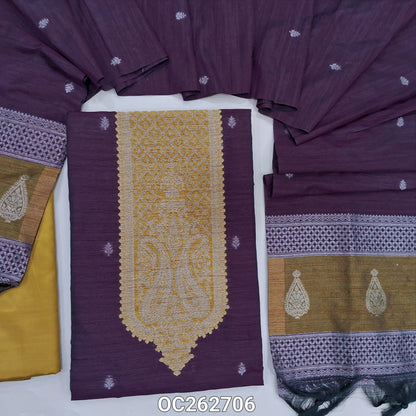 Dark Wine purple and mehandhi yellow premium raw silk unstitched salwar material, antique gold zari weaving on yoke and daman, buttas on front (Textured, Lining Needed) contrast silky bottom, raw silk dupatta with benarasi zari weaving. OC262706