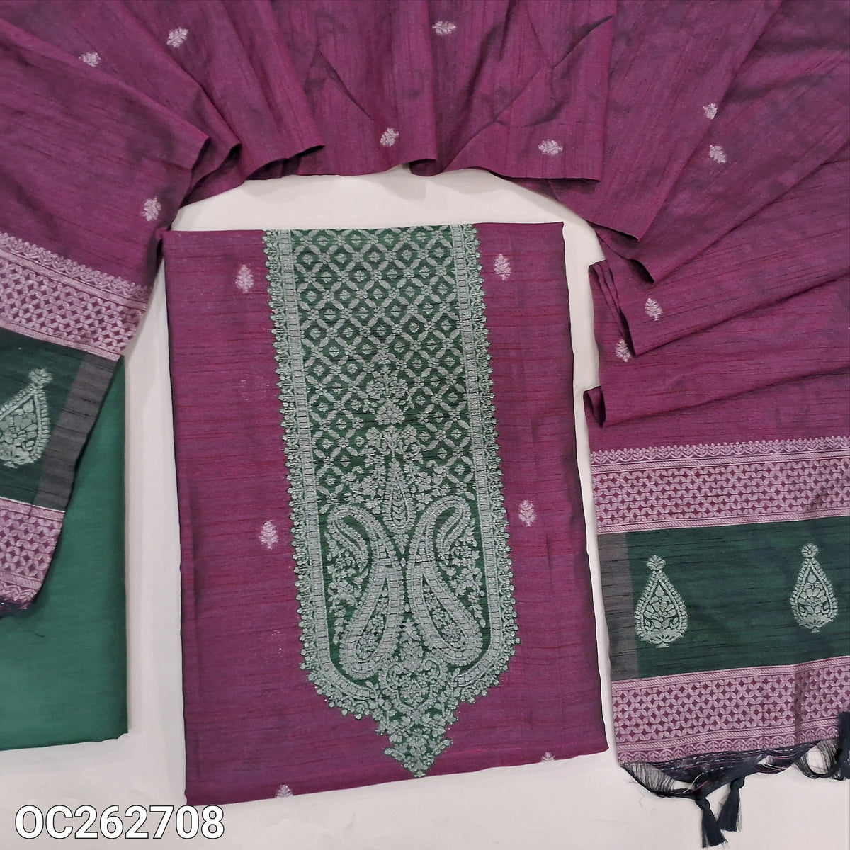 Beetroot purple and bottle green premium raw silk unstitched salwar material, antique gold zari weaving on yoke and daman, buttas on front (Textured, Lining Needed) contrast silky bottom, raw silk dupatta with benarasi zari weaving. OC262708