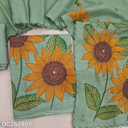 Sea Green premium linen unstitched salwar material, V neckline with hand embroidery, sunflower hand mebroidery on daman (Thin, Textured, Lining Needed) matching santoon bottom, premium linen dupatta with hand embroidery. OC262809