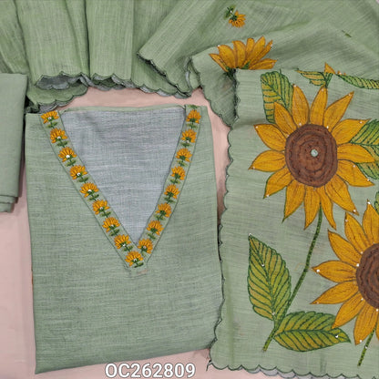 Sea Green premium linen unstitched salwar material, V neckline with hand embroidery, sunflower hand mebroidery on daman (Thin, Textured, Lining Needed) matching santoon bottom, premium linen dupatta with hand embroidery. OC262809