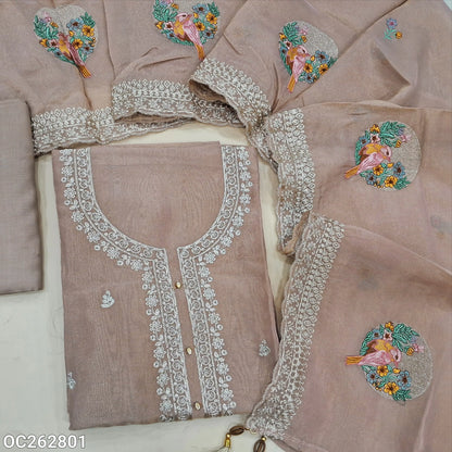 Salmon pink with golden tint premium tissue organza silk unstitched slawar material, rich zari work on yoke and daman, embroidery on front (Thin, Lining Needed) matching santoon bottom, tissue organza silk dupatta with embroidery. OC262801