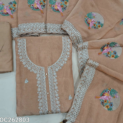 Pastel peach with golden tint premium tissue organza silk unstitched slawar material, rich zari work on yoke and daman, embroidery on front (Thin, Lining Needed) matching santoon bottom, tissue organza silk dupatta with embroidery. OC262803