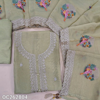 Pastel green with golden tint premium tissue organza silk unstitched slawar material, rich zari work on yoke and daman, embroidery on front (Thin, Lining Needed) matching santoon bottom, tissue organza silk dupatta with embroidery. OC262804