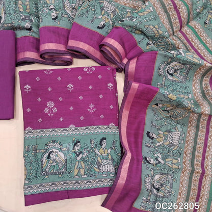 Purplish pink and pastel blue soft chanderi silk cotton floral printed unstitched salwar material (Thin, Lining Needed) matching pure cotton bottom, chanderi silk cotton printed dupatta. OC262805