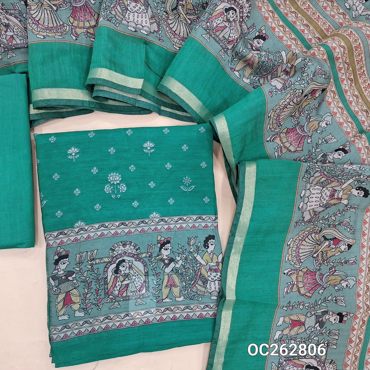Turquoise blue and pastel blue soft chanderi silk cotton floral printed unstitched salwar material (Thin, Lining Needed) matching pure cotton bottom, chanderi silk cotton printed dupatta. OC262806