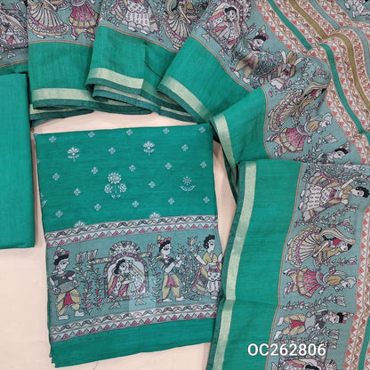 Turquoise blue and pastel blue soft chanderi silk cotton floral printed unstitched salwar material (Thin, Lining Needed) matching pure cotton bottom, chanderi silk cotton printed dupatta. OC262806