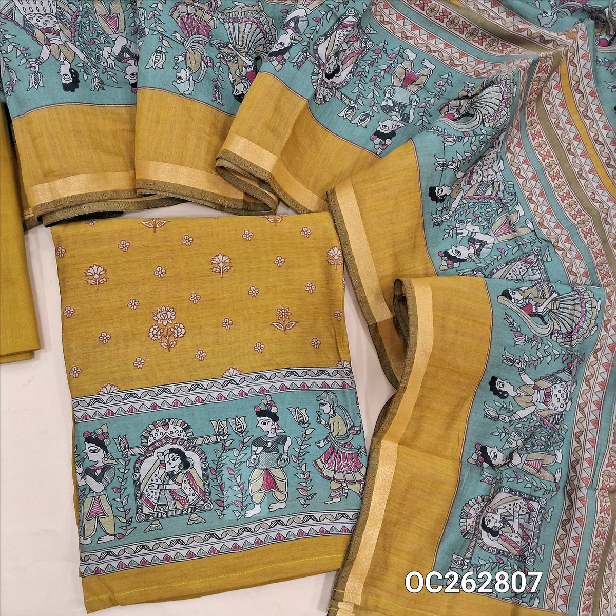 Mehandhi yellow and pastel blue soft chanderi silk cotton floral printed unstitched salwar material (Thin, Lining Needed) matching pure cotton bottom, chanderi silk cotton printed dupatta. OC262807