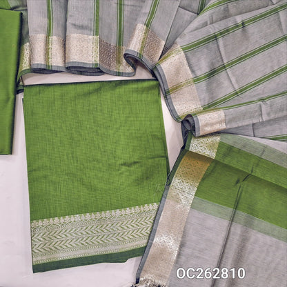 Light green semi Maheshwari silk cotton unstitched salwar material, antique gold zari daman (Lining Needed) silk cotton bottom, printed stripes on silk cotton dupatta with zari borders. OC262810