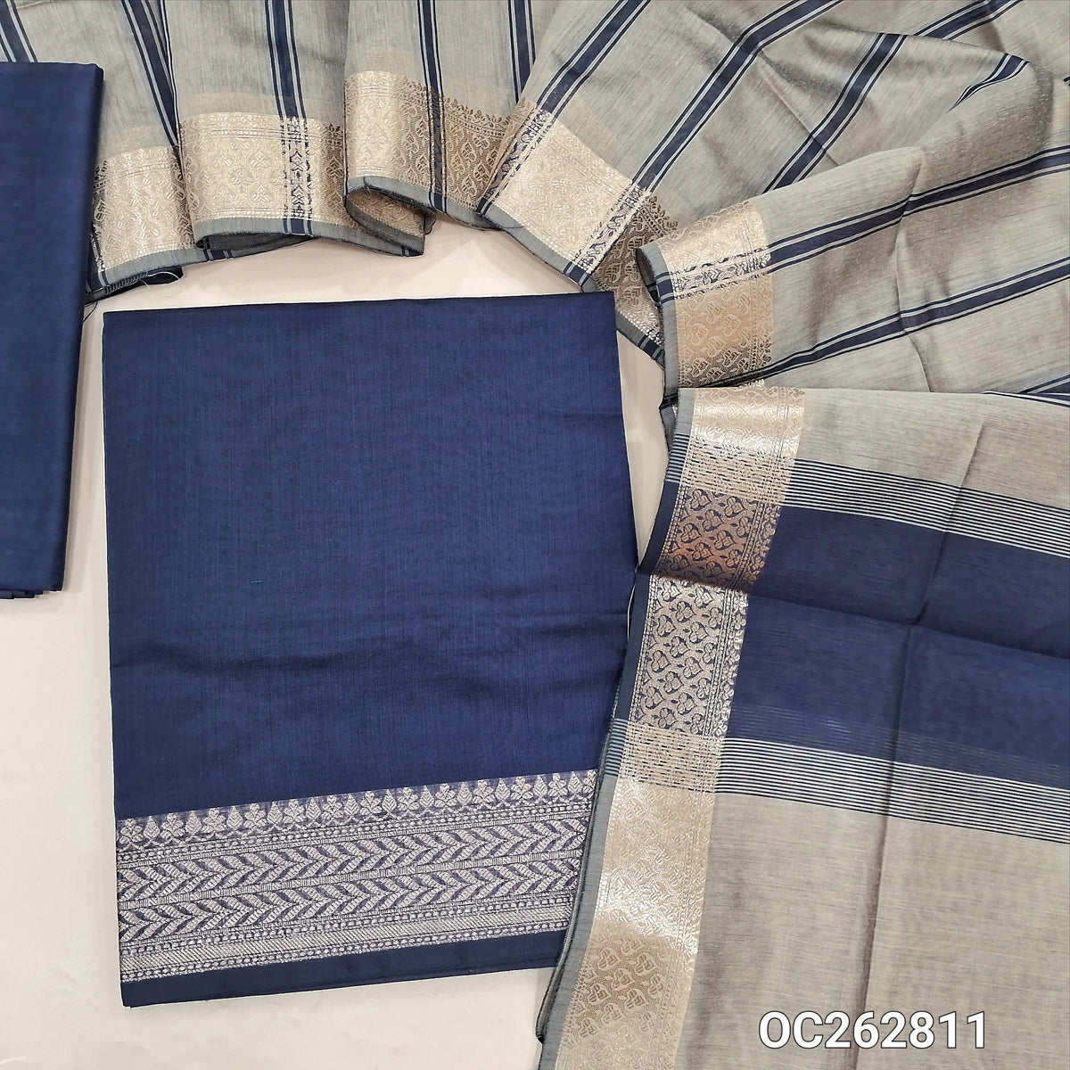 Dark blue semi Maheshwari silk cotton unstitched salwar material, antique gold zari daman (Lining Needed) silk cotton bottom, printed stripes on silk cotton dupatta with zari borders. OC262811