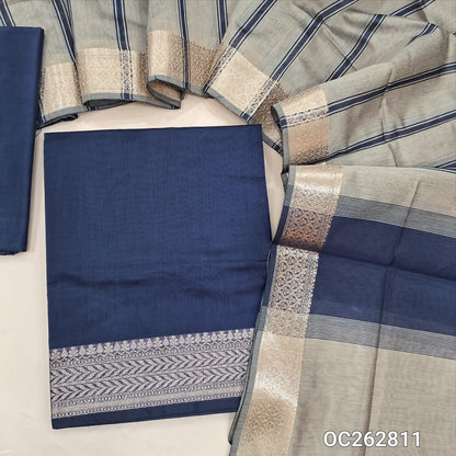Dark blue semi Maheshwari silk cotton unstitched salwar material, antique gold zari daman (Lining Needed) silk cotton bottom, printed stripes on silk cotton dupatta with zari borders. OC262811