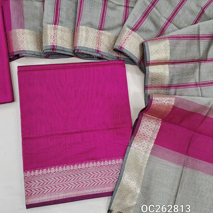 Rani pink semi Maheshwari silk cotton unstitched salwar material, antique gold zari daman (Lining Needed) silk cotton bottom, printed stripes on silk cotton dupatta with zari borders. OC262813