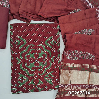 Leafy green and reddish maroon premium dabu cotton unstitched salwar material, ajrak applique work on yoke with embroidery and faux mirror work (Lining Optional) cotton bottom, soft silk cotton hand block printed dupatta with tissue pallu OC262814