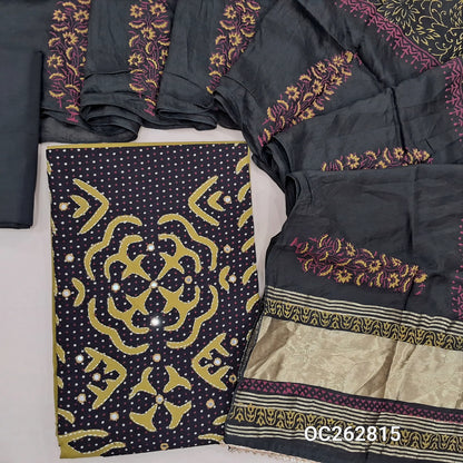 Mehandhi yellow and black premium dabu cotton unstitched salwar material, ajrak applique work on yoke with embroidery and faux mirror work (Lining Optional) cotton bottom, soft silk cotton hand block printed dupatta with tissue pallu. OC262815