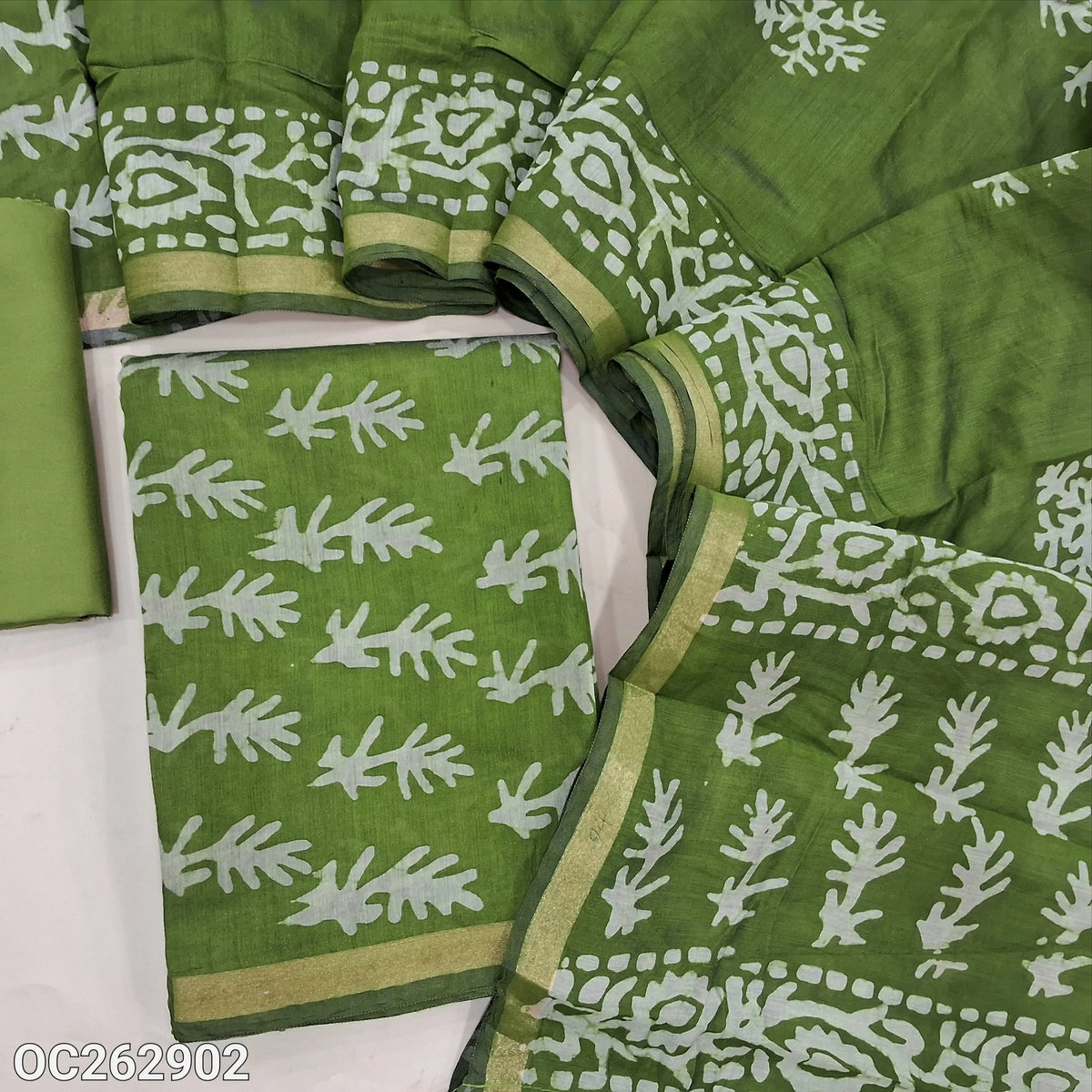 Leafy green digital printed silk cotton unstitched salwar material (Thin, Lining Needed)matching spun cotton bottom, silk cotton printed dupatta with thin gold tissue borders. OC262902
