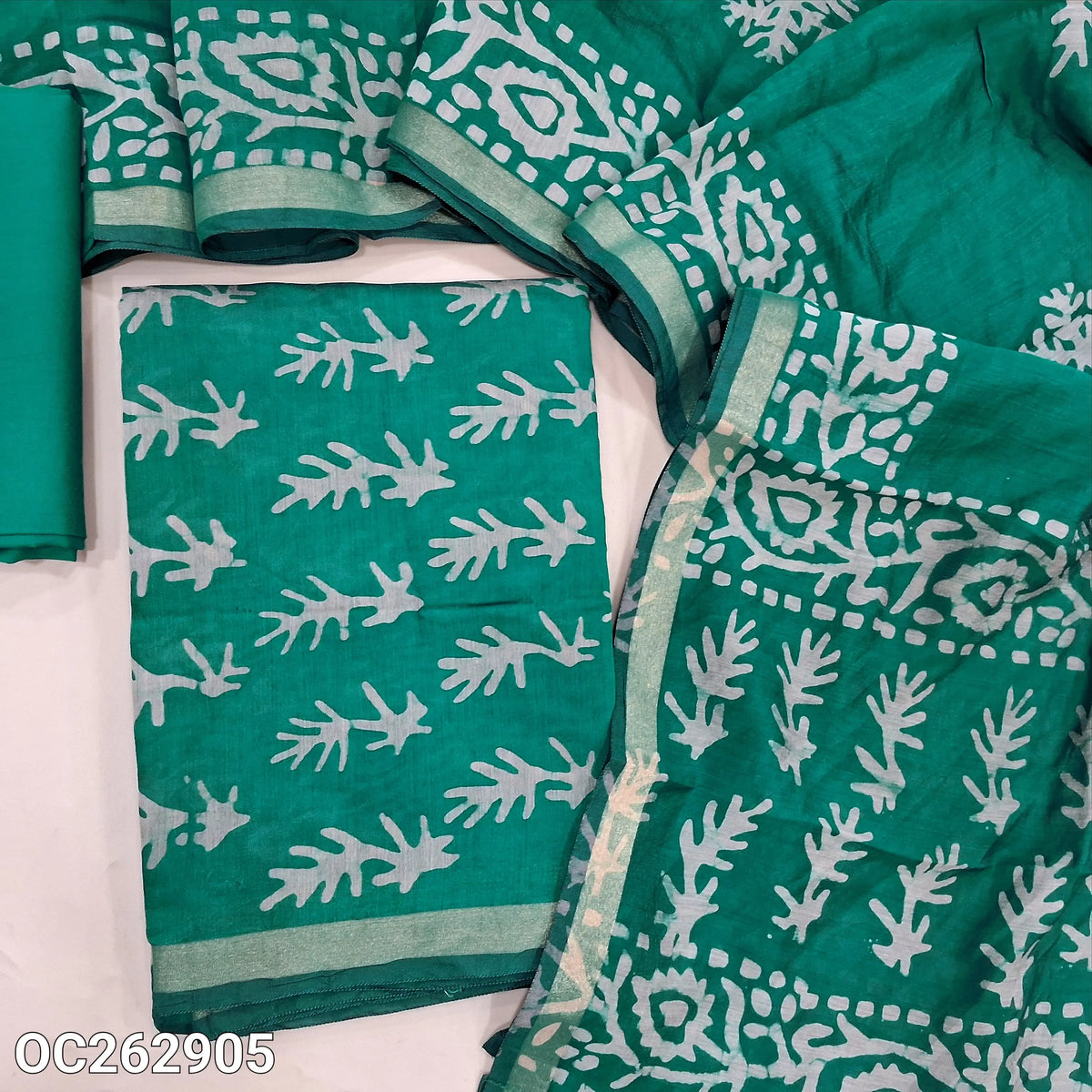 Turquoise green digital printed silk cotton unstitched salwar material (Thin, Lining Needed)matching spun cotton bottom, silk cotton printed dupatta with thin gold tissue borders. OC262905
