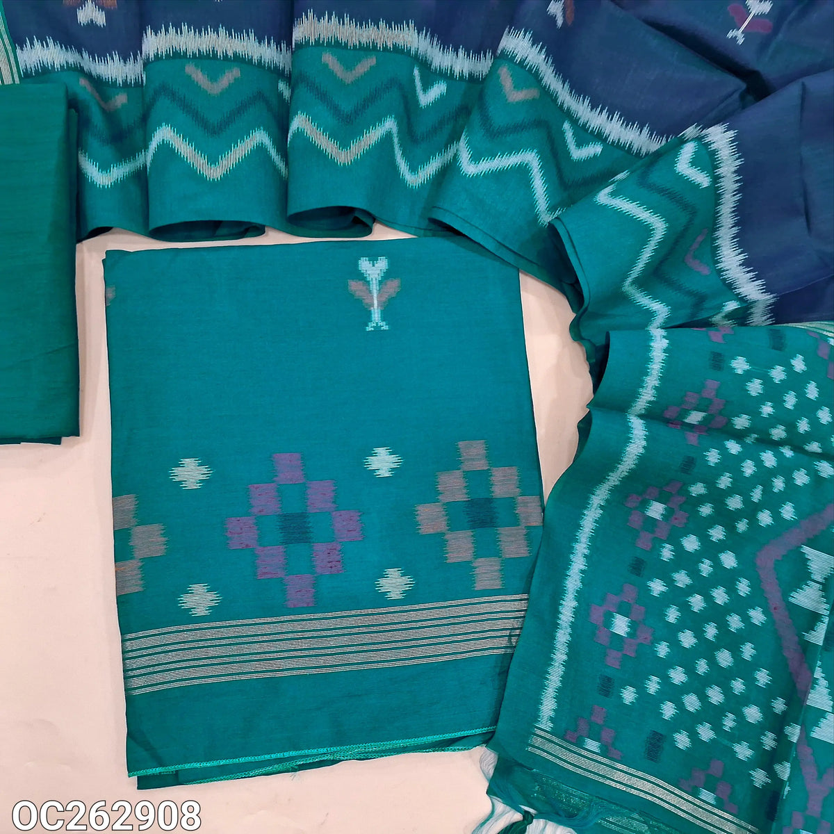 Turquoise blue and dark blue soft silk cotton unstitched salwar material with thread weaving on front (Thin, Lining Needed)  matching silk cotton bottom, dual shaded silk cotton dupatta with thread weaving. OC262908
