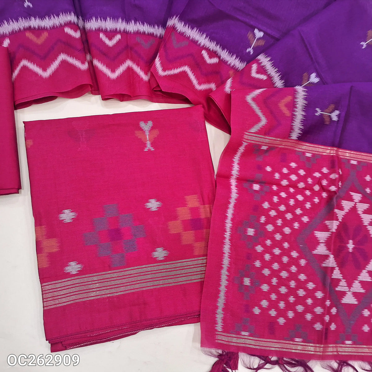 Bright pink and dark purple soft silk cotton unstitched salwar material with thread weaving on front (Thin, Lining Needed)  matching silk cotton bottom, dual shaded silk cotton dupatta with thread weaving. OC262909