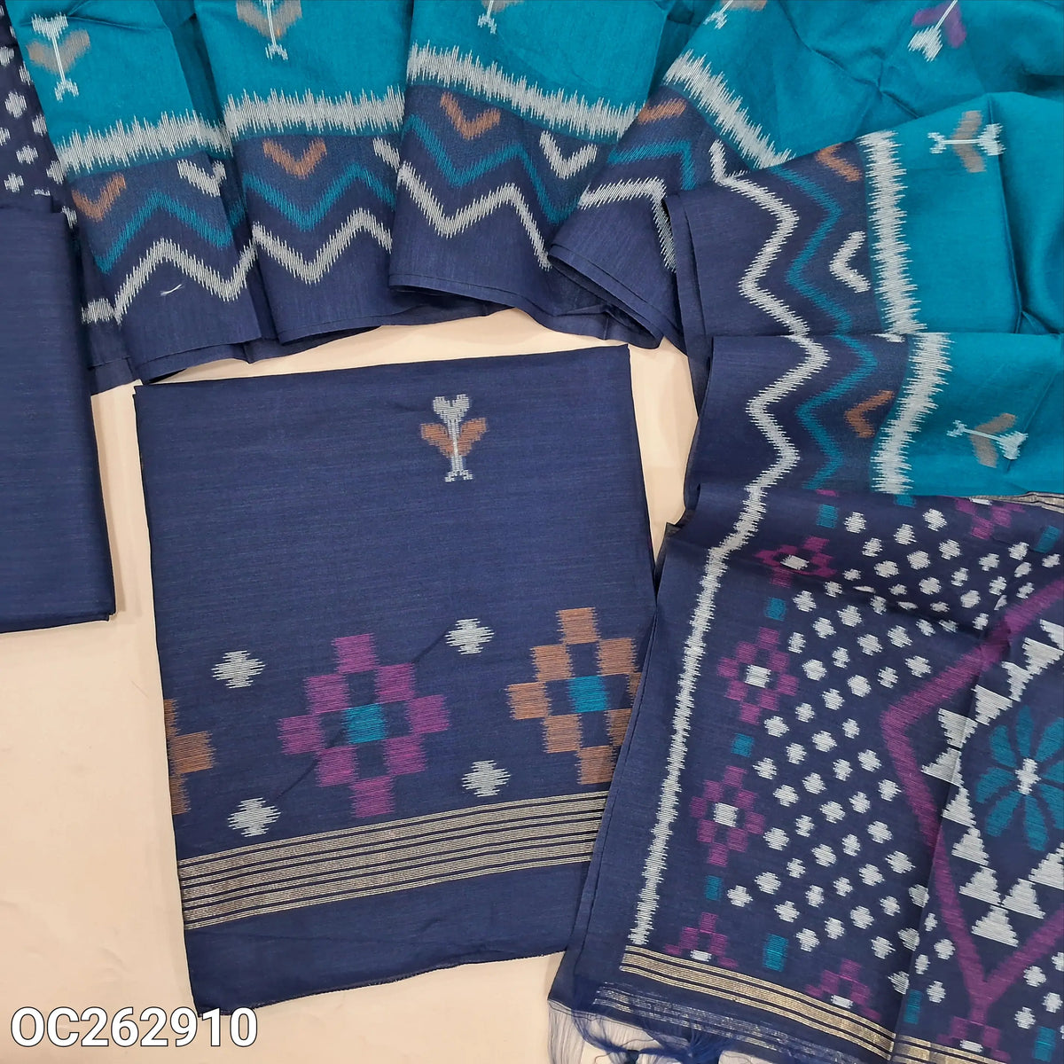 Dark blue and light blue soft silk cotton unstitched salwar material with thread weaving on front (Thin, Lining Needed)  matching silk cotton bottom, dual shaded silk cotton dupatta with thread weaving. OC262910
