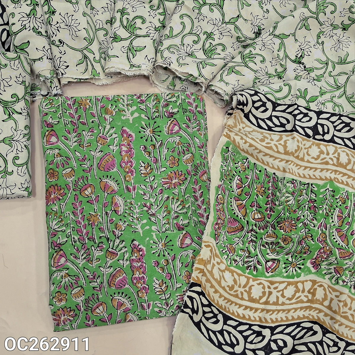 Green hand block printed premium chanderi silk cotton unstitched salwar material (Thin, Lining Needed) santoon bottom, assam silk dupatta with hand block prints (TAPINGS NEEDED). OC262911