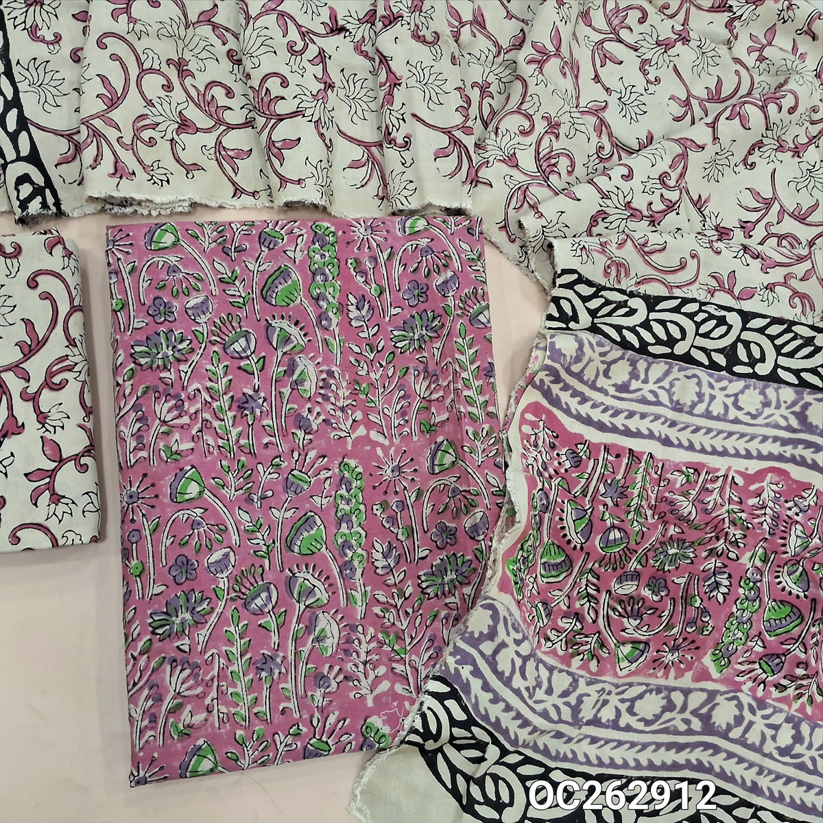Pink hand block printed premium chanderi silk cotton unstitched salwar material (Thin, Lining Needed) santoon bottom, assam silk dupatta with hand block prints (TAPINGS NEEDED). OC262912