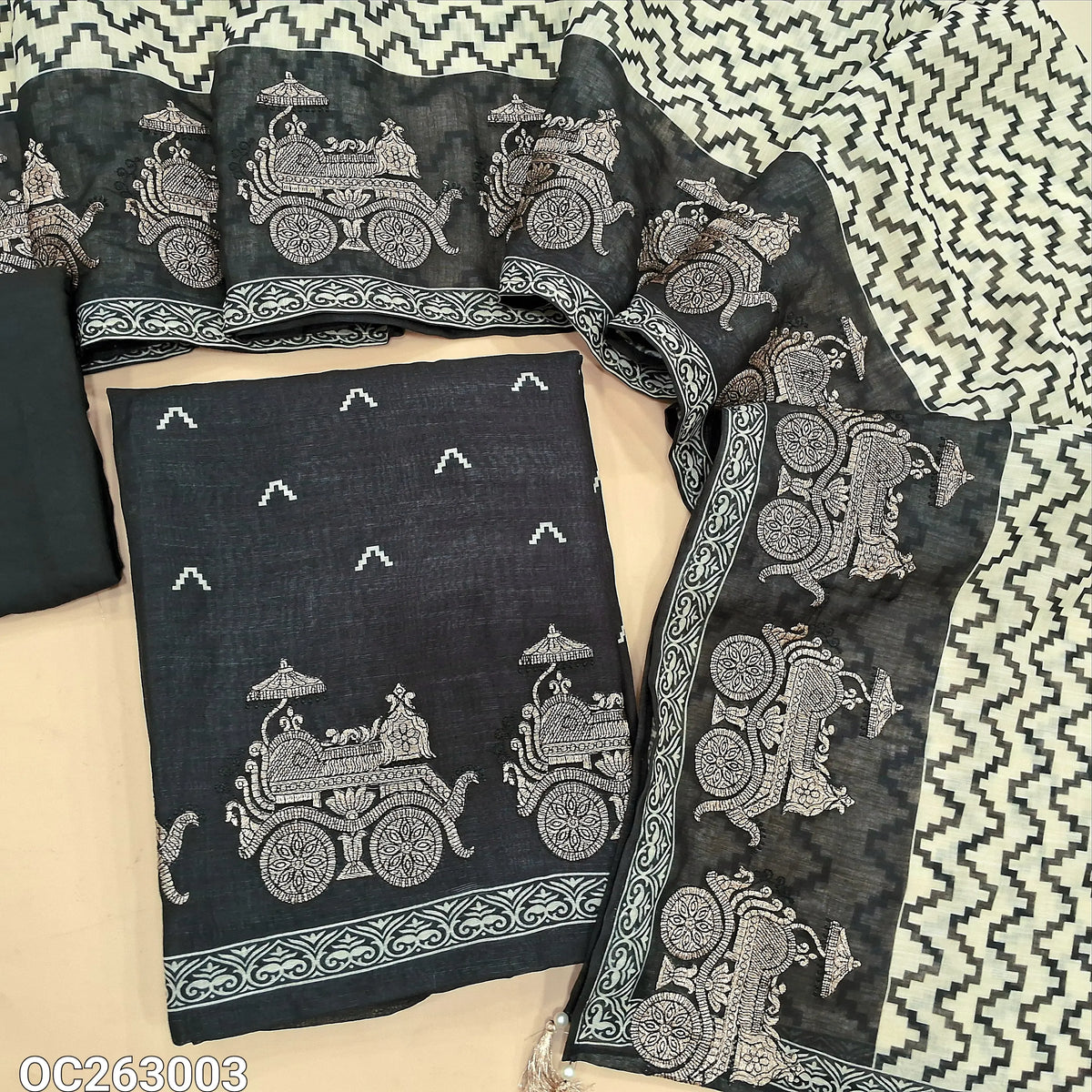 Black designer premium linen unstitched salwar material, zari embroidery work on daman, digital prints on front(Thin, Textured, Lining Needed)matching santoon bottom, abstract printed linen dupatta with zari embroidery. OC263003