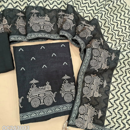 Black designer premium linen unstitched salwar material, zari embroidery work on daman, digital prints on front(Thin, Textured, Lining Needed)matching santoon bottom, abstract printed linen dupatta with zari embroidery. OC263003