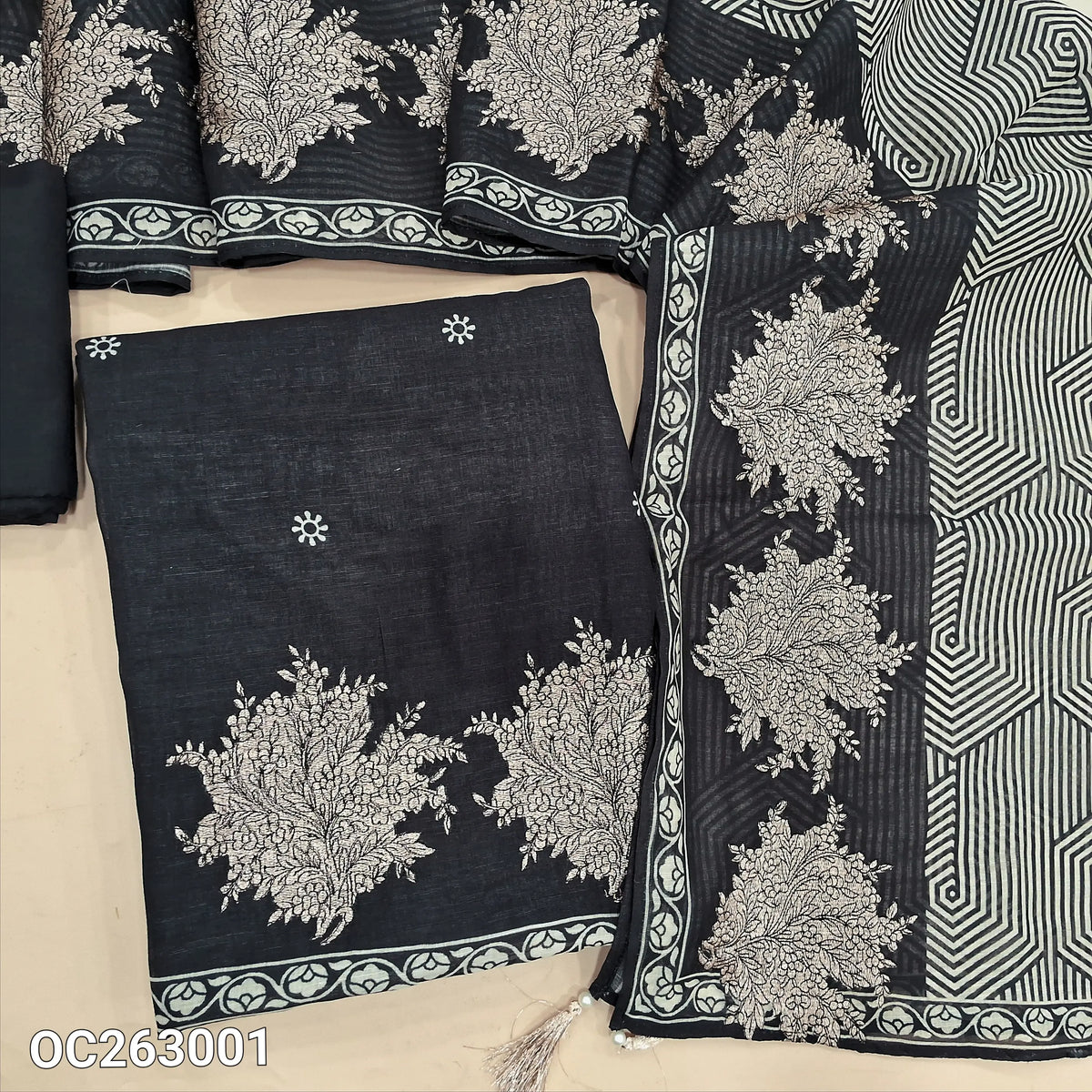 Black designer premium linen unstitched salwar material, zari embroidery work on daman, digital prints on front(Thin, Textured, Lining Needed)matching santoon bottom, abstract printed linen dupatta with zari embroidery. OC263001