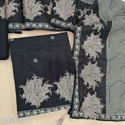 Black designer premium linen unstitched salwar material, zari embroidery work on daman, digital prints on front(Thin, Textured, Lining Needed)matching santoon bottom, abstract printed linen dupatta with zari embroidery. OC263001